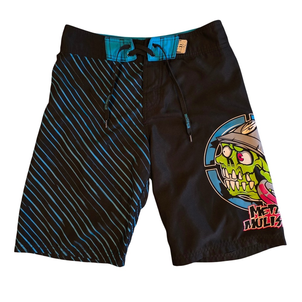 Metal Mulisha Boardshorts Size 27 Black Teal Zombie Skull Graphic Swim Trunks